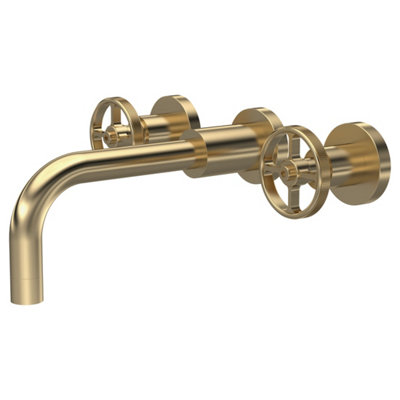 FNX Bathrooms Axis Brushed Brass Wall Mounted Basin Mixer Contemporary Crosshead 3 Hole from B&Q