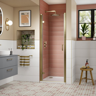 FNX Bathrooms 800mm Hinged Shower Door Brushed Brass Lume Contemporary 1900mm 8mm Glass from B&Q