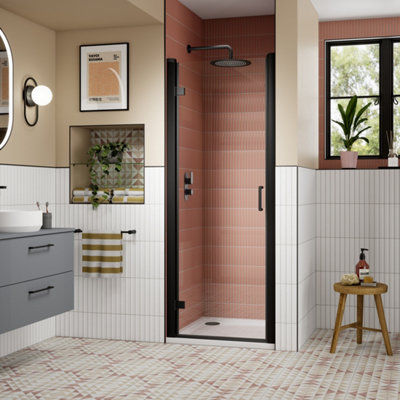 FNX Bathrooms 800mm Hinged Shower Door Matt Black Lume Contemporary 1900mm 8mm Glass from B&Q