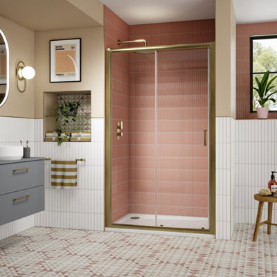 FNX Bathrooms 1200mm Sliding Shower Door Brushed Brass Lume Contemporary 1900mm 8mm Glass from B&Q
