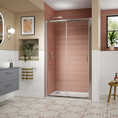 FNX Bathrooms 1400mm Sliding Shower Door Chrome Lume Contemporary 1900mm 8mm Glass from B&Q