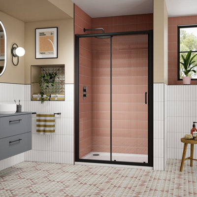 FNX Bathrooms 1400mm Sliding Shower Door Matt Black Lume Contemporary 1900mm 8mm Glass from B&Q
