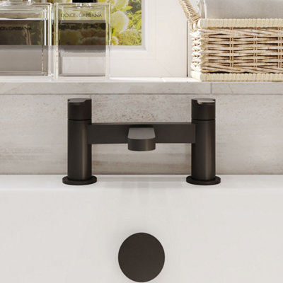 FNX Bathrooms Aurelis Contemporary Matt Black Deck Mounted Bath Filler 2 Tap Hole from B&Q