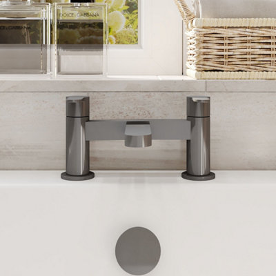 FNX Bathrooms Aurelis Contemporary Brushed Pewter Deck Mounted Bath Filler 2 Tap Hole from B&Q