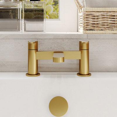 FNX Bathrooms Aurelis Contemporary Brushed Brass Deck Mounted Bath Filler 2 Tap Hole from B&Q