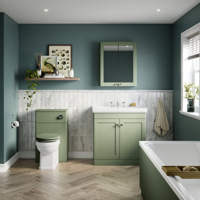 FNX Bathrooms Heritage 600mm 2 Door Satin Green Wall Hung Mirror Cabinet Traditional 715mm from B&Q