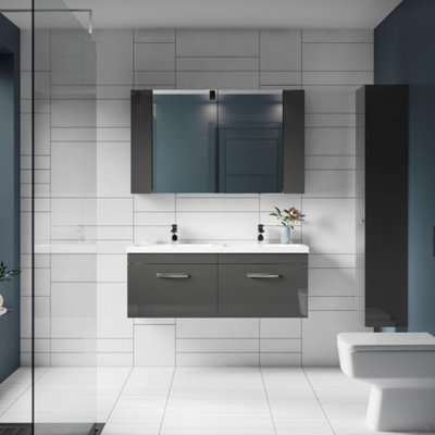 FNX Bathrooms Elysia 600mm 2 Door Gloss Grey Wall Hung Mirror Cabinet Contemporary 713mm from B&Q