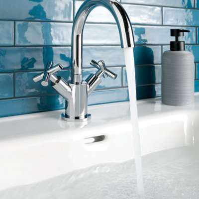 FNX Bathrooms Aura Deck Mounted Crosshead Basin Mixer Tap Brass Chrome Swivel Spout from B&Q