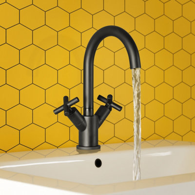 FNX Bathrooms Aura Deck Mounted Crosshead Basin Mixer Tap Brass Matt Black Swivel Spout from B&Q