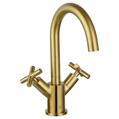 FNX Bathrooms Aura Deck Mounted Crosshead Basin Mixer Tap Brass Brushed Brass Swivel Spout from B&Q