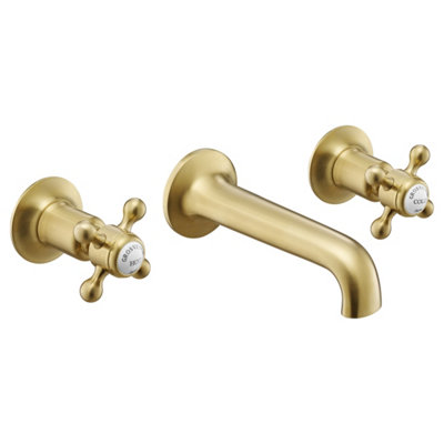 FNX Bathrooms Mayfair 3 Hole Wall Mounted Crosshead Basin Mixer Tap Brushed Brass from B&Q