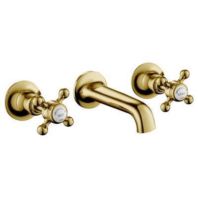 FNX Bathrooms Mayfair 3 Hole Wall Mounted Crosshead Basin Mixer Tap Antique Brass from B&Q