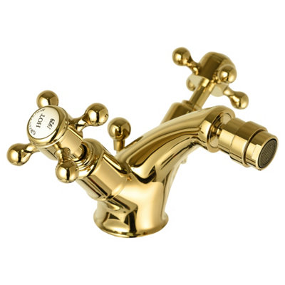 FNX Bathrooms Bubly Mayfair Crosshead Bidet Mixer Tap With Pop Up Waste Antique Brass Deck from B&Q