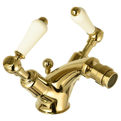 FNX Bathrooms Bubly Mayfair Lever Handle Bidet Mixer Tap With Pop Up Waste Light Gold Brass Deck from B&Q