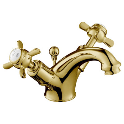 FNX Bathrooms Bubly Mayfair Pinch Basin Mixer Tap With Pop Up Waste Light Gold Brass Deck from B&Q