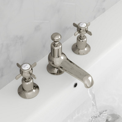 FNX Bathrooms Bubly Mayfair 3 Hole Deck Mounted Pinch Basin Mixer Tap Nickel Brass Crosshead from B&Q