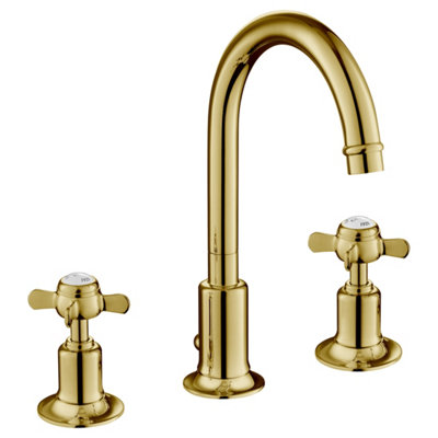 FNX Bathrooms Bubly Mayfair 3 Hole Deck Mounted Pinch Basin Mixer Tap Swivel Spout Light Gold from B&Q