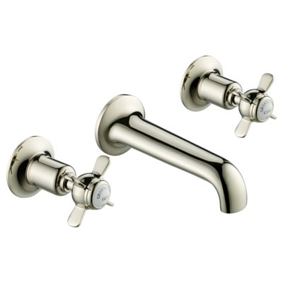 FNX Bathrooms Bubly Mayfair 3 Hole Wall Mounted Pinch Basin Mixer Tap Nickel Brass Crosshead from B&Q