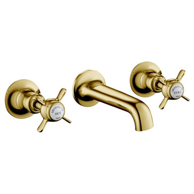 FNX Bathrooms Bubly Mayfair 3 Hole Wall Mounted Pinch Basin Mixer Tap Light Gold Brass Crosshead from B&Q