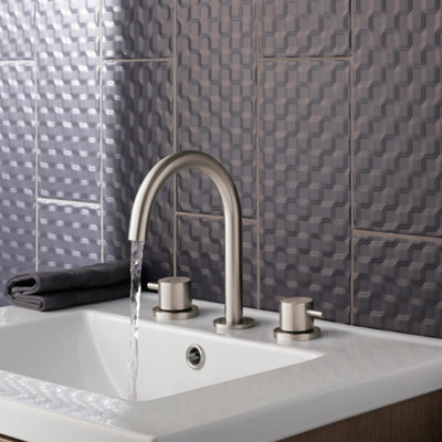 FNX Bathrooms Bubly Stark 3 Hole Deck Mounted Basin Mixer Tap Stainless Steel Lever from B&Q