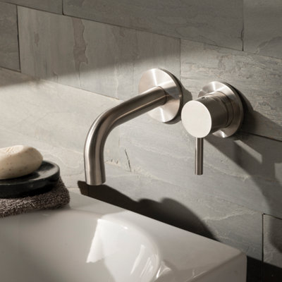 FNX Bathrooms Bubly Stark 2 Hole Wall Mounted Basin Mixer Tap Stainless Steel Lever from B&Q