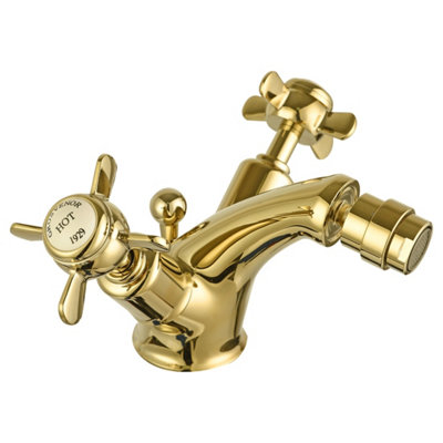 FNX Bathrooms Bubly Mayfair Pinch Bidet Mixer Tap With Pop Up Waste Light Gold Brass Crosshead from B&Q