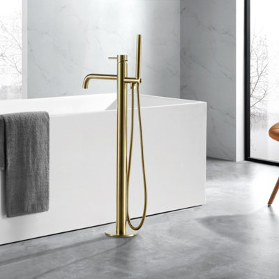 FNX Bathrooms Bubly Vera Floorstanding Bath Tap Brass Brushed Brass Modern Lever 2-1/2 Bsp from B&Q