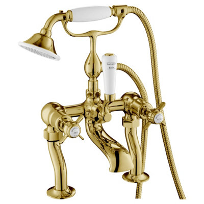 FNX Bathrooms Bubly Kensington Pinch Deck Mounted Bath Shower Mixer Tap Kit Brass Crosshead from B&Q
