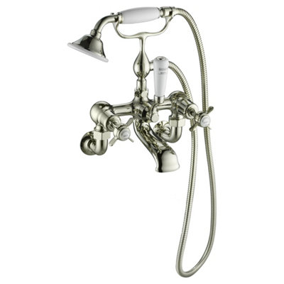 FNX Bathrooms Bubly Kensington Wall Mounted Pinch Bath Shower Mixer Tap Kit Brass Crosshead from B&Q