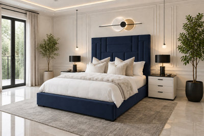 Abstract Haven Ottoman Gas Lift Storage Bed With Headboard Blue