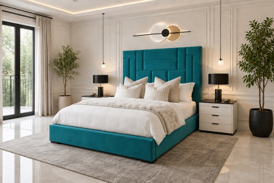 Abstract Haven Ottoman Gas Lift Storage Bed With Headboard Teal