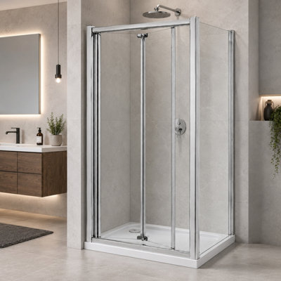 Plum&clay Riven Chrome 760mm Bio Fold Shower Door & 800mm Side Panel With Shower Tray from B&Q