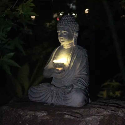 B&Q Solar Buddha Statue Resin Garden Décor Led Light Zen Asian Japanese Outdoor Ornament