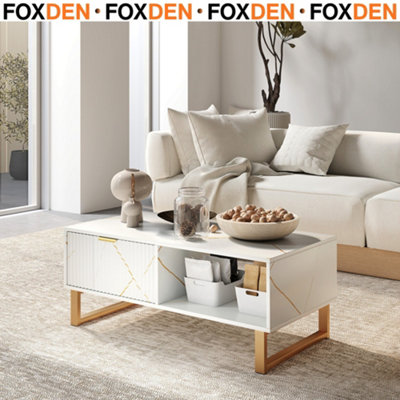 Foxden White Marble Effect Coffee Table With Drawer Storage Rectangular Modern