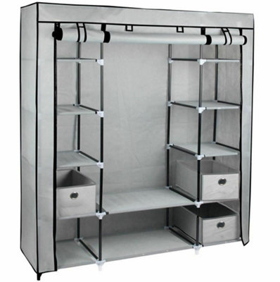 Gr8 Home Grey Fabric Canvas Wardrobe With Hanging Rail Shelving Clothes Storage Large