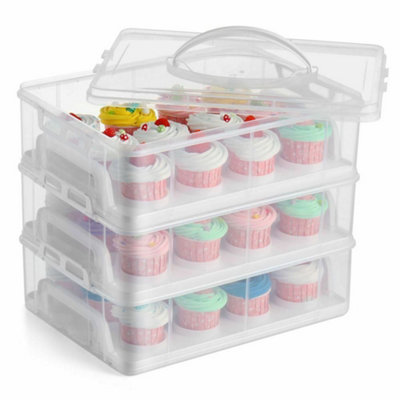 B&Q -  3 Tier Stackable Cupcake Carrier Box Muffin Cake Holder Plastic Clear Container