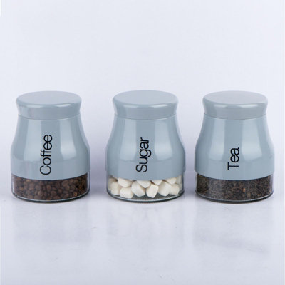B&Q -  Set Of 3 Grey Storage Canisters Tea Coffee Sugar Jars Pots Food Containers