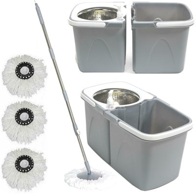 Gr8 Home Space Saving 360 Degree Rotating Dual Spin Dry Mop & Bucket 3 Microfibre Heads Grey