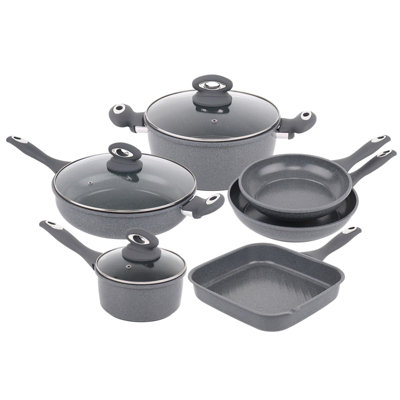 Gr8 Home Forged 9 Pcs Grey Marble Carbon Steel Cookware Set Non Stick Pan Saucepan Pots from B&Q