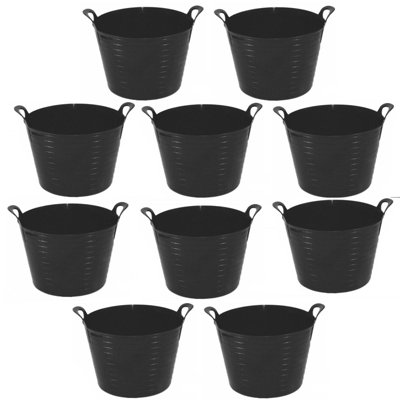 B&Q -  Black Set Of 10 Plastic Flexi Tub Storage Bucket 42L Builders Garden Horse Feed Trug Laundry Toy