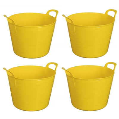 B&Q -  Yellow Set Of 4 Plastic Flexi Tub Storage Bucket 42L Builders Garden Horse Feed Trug Laundry Toy