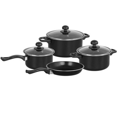 B&Q -  Black Non Stick 7 Pcs Cookware Set Cooking Casserole Pot Frying Pan Saucepan With Lids