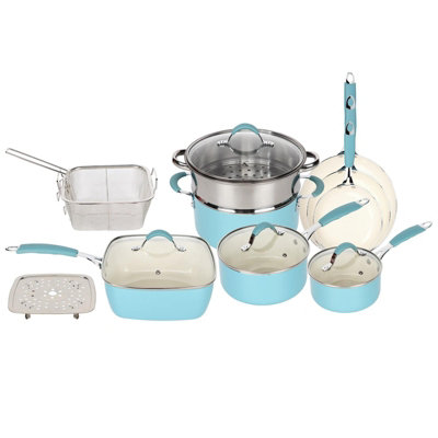 Gr8 Home Blue And White Induction 14 Pcs Kitchen Non Stick Cookware Set Frying Pan Steamer Pot Saucepan from B&Q