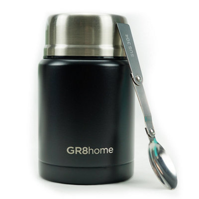 Gr8 Home Stainless Steel Food Flask 500Ml Vacuum Insulated Thermal Soup Jar Spoon Black from B&Q