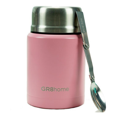Gr8 Home Stainless Steel Food Flask 500Ml Vacuum Insulated Thermal Soup Jar Spoon Pink from B&Q
