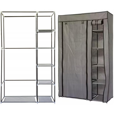 Gr8 Home Single Fabric Canvas Wardrobe With Hanging Rail Shelving Clothes Storage Grey