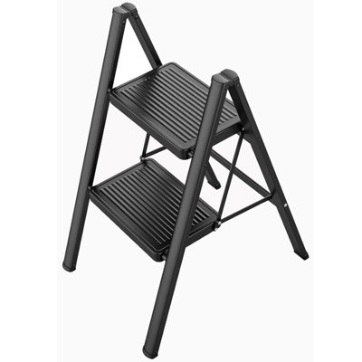 Gr8 Home 2 Step Ladder Folding Metal Non Slip Stool Heavy Duty Carbon Steel Black