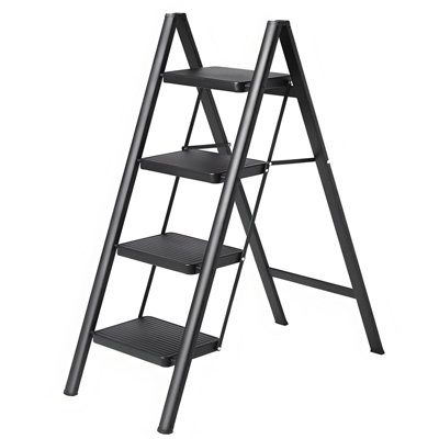 Gr8 Home 4 Step Ladder Folding Metal Non Slip Stool Heavy Duty Carbon Steel Black