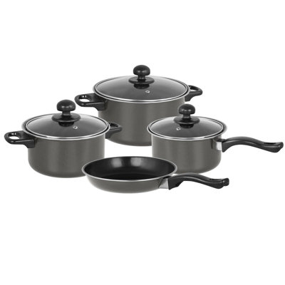 B&Q -  Dove Grey Non Stick 7 Pcs Cookware Set Cooking Casserole Pot Frying Pan Saucepan With Lids