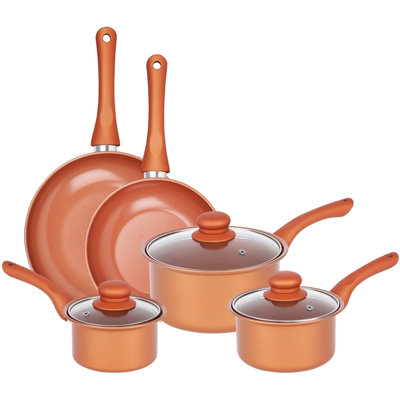 Rackhams 8 Piece Copper Carbon Steel Non-Stick Cookware Set With Lids - Copper - Image 4